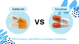 Blog Comparison of Vyvanse and Adderall medications showing differences in duration, onset, and usage for ADHD treatment.
