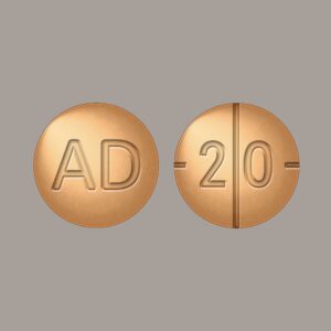 "Adderall 20mg prescription tablets in a secure pharmacy container."