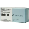"Authentic Ritalin 10mg prescription tablets in a clear pharmacy bottle"