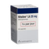 "Ritalin 20mg prescription tablets in a secure pharmacy container."